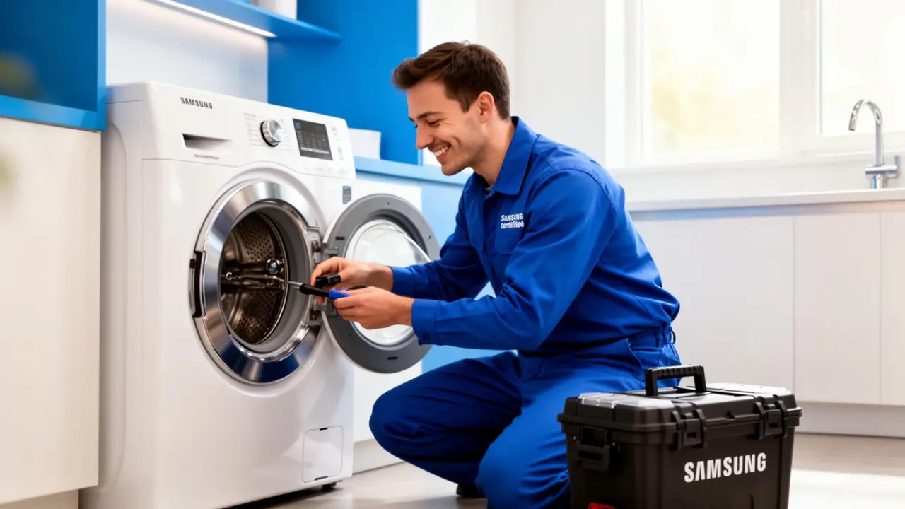 Técnico Assistência SV realizando reparo em lava e seca LG e Samsung